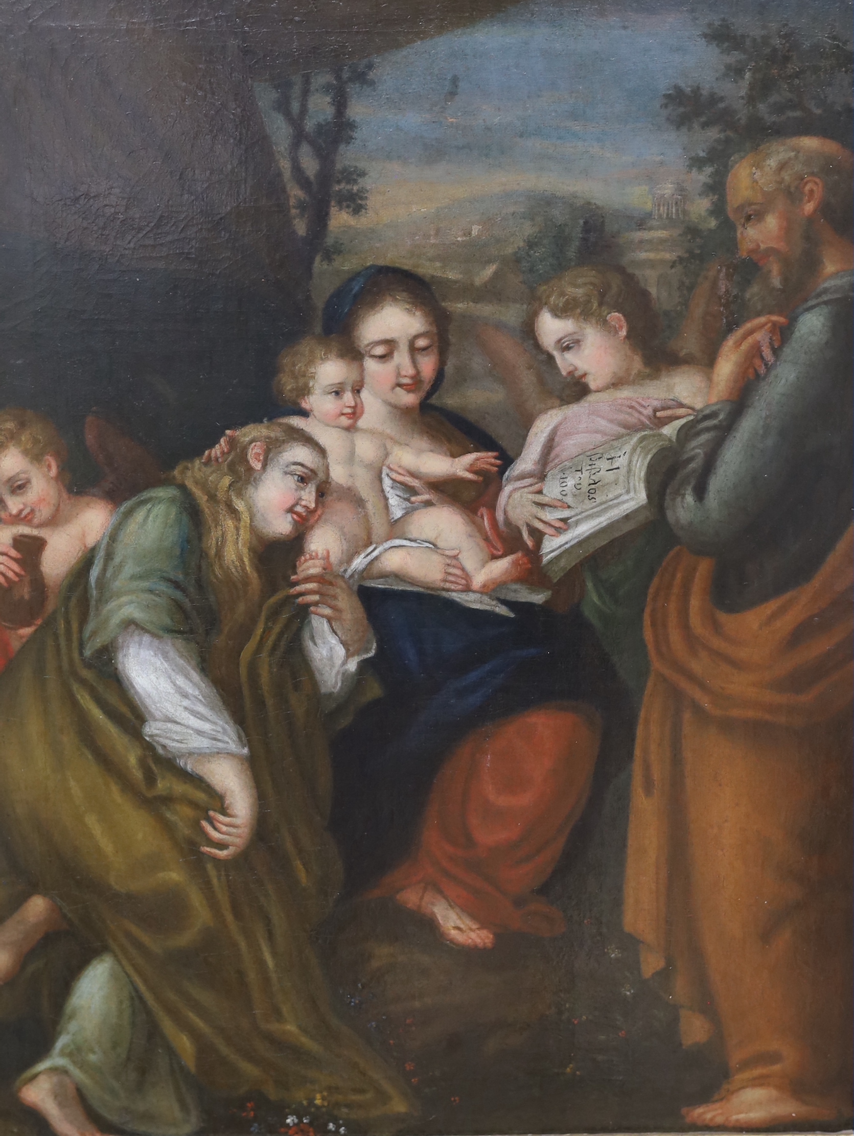 18th century Austrian School, oil on canvas, Holy Family with Elizabeth and John the Baptist, inscribed in German verso, 54 x 41cm